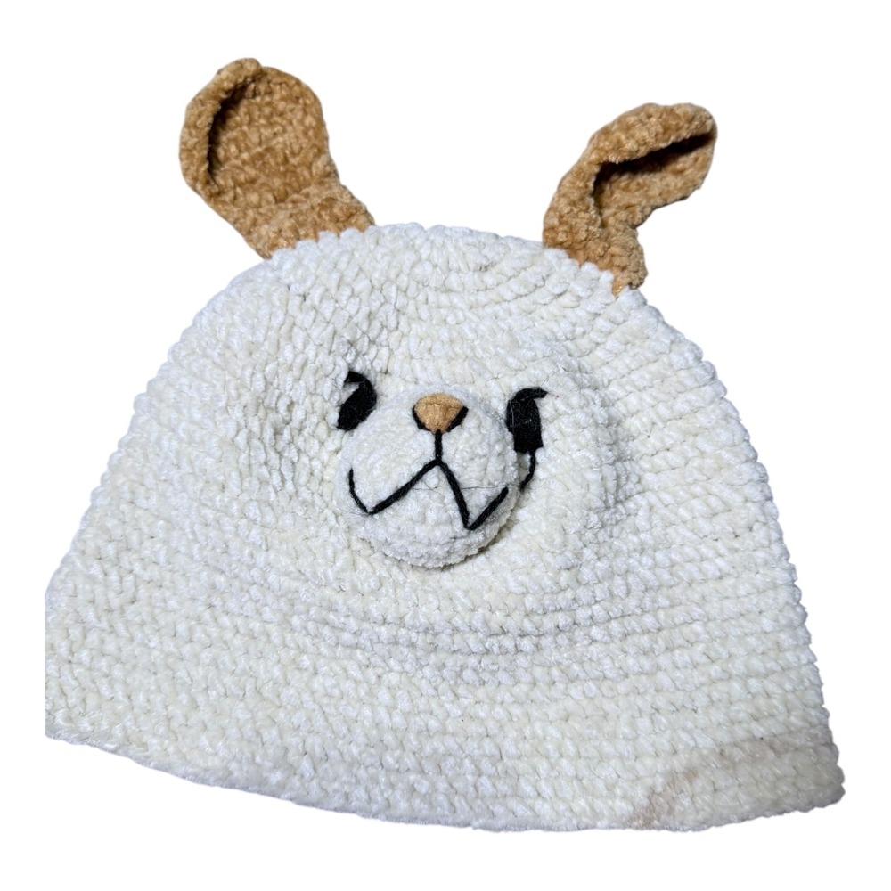Handmade Crochet Animal‎ Beanie Kids OS Llama Lamb dog Winter Hat Cream Tan